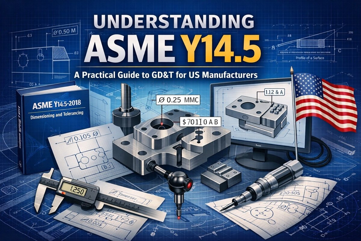 ASME Y14.5 GD&T symbols and tolerance diagram for engineering drawings