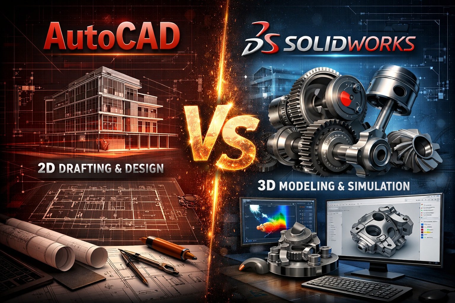 AutoCAD vs SolidWorks comparison showing 2D drafting and 3D modeling interfaces