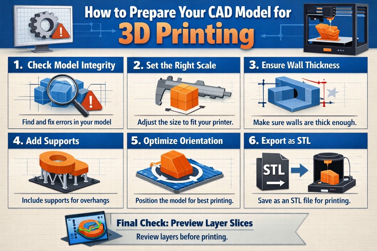 CAD model to STL file workflow for 3D printing preparation